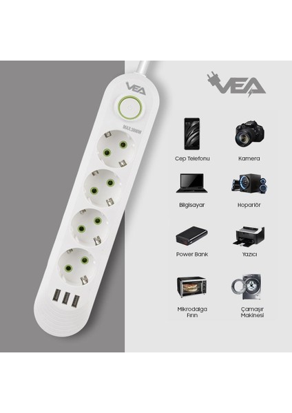 Vea TC-21560 4'lü 1.5 Metre Kablolu 3 Usb’li Beyaz Akım Korumalı Priz