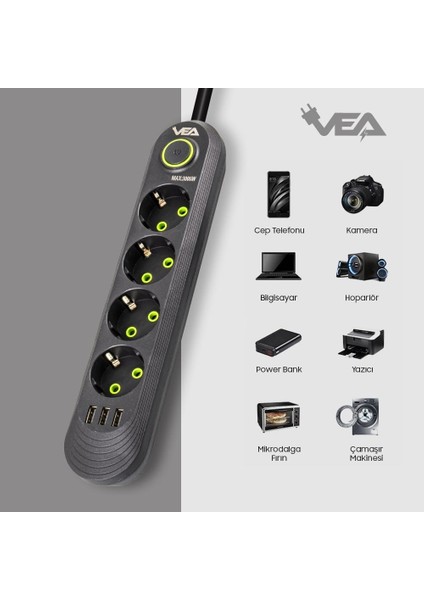 Vea TC-21559 4'lü 1.5 Metre Kablolu 3 Usb’li Siyah Akım Korumalı Priz