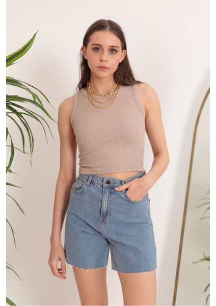 Kaşkorse Kumaş Bisiklet Yaka Kadın Crop-Bej