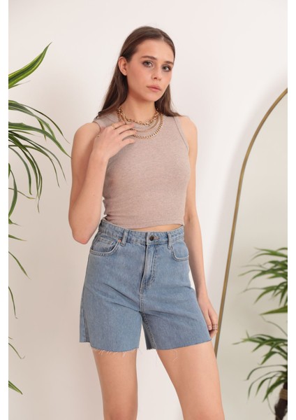 Kaşkorse Kumaş Bisiklet Yaka Kadın Crop-Bej fiyatları