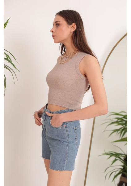 Kaşkorse Kumaş Bisiklet Yaka Kadın Crop-Bej modelleri