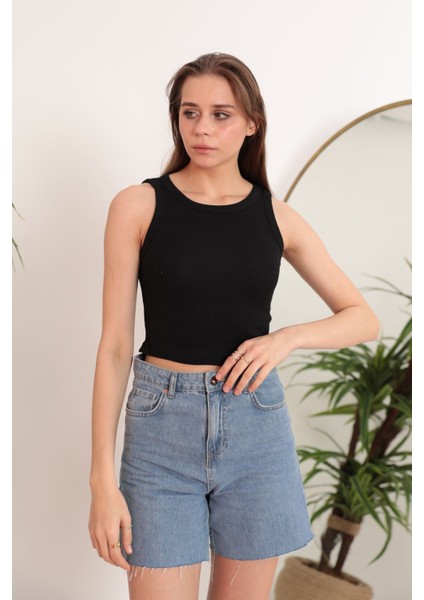 Kaşkorse Kumaş Bisiklet Yaka Kadın Crop-Siyah