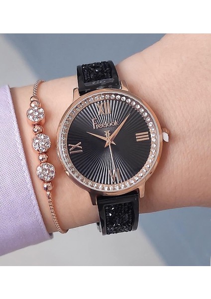 Bileziği Taşlı Siyah/rose Gold Kadın Kol Saati + Zirkon Taşlı Bileklik