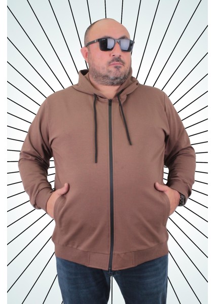Büyük Beden Basic Mevsimlik Fermuarlı Kapüşonlu Sweat 22751 Taba