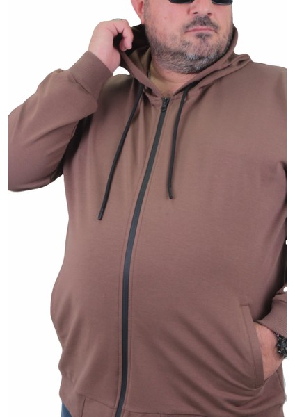 Büyük Beden Basic Mevsimlik Fermuarlı Kapüşonlu Sweat 22751 Taba fiyatları