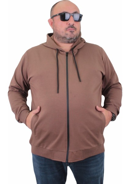 Büyük Beden Basic Mevsimlik Fermuarlı Kapüşonlu Sweat 22751 Taba indirimleri