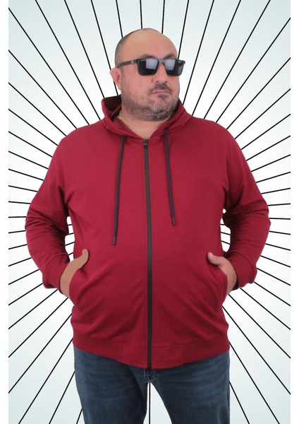 Büyük Beden Basic Mevsimlik Fermuarlı Kapüşonlu Sweat 22751 Bordo