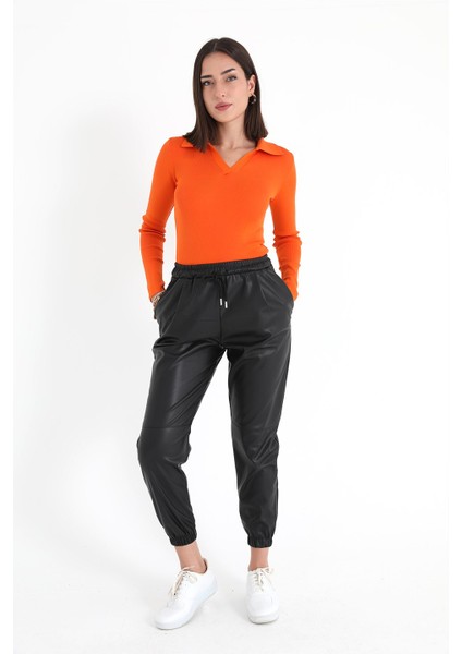 Paçası ve Beli Lastikli Pileli Deri Pantolon - Siyah fiyatları