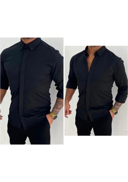 Erkek Slimfit Kesim Likralı Poplin Kumaş Gömlek