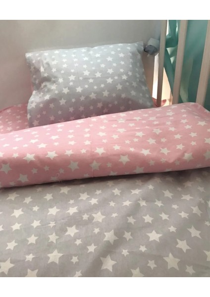Pamuklu Bebek/çocuk Yastık Çarşaf Yorgan Seti Pembe/gri Yıldızlı 60x120