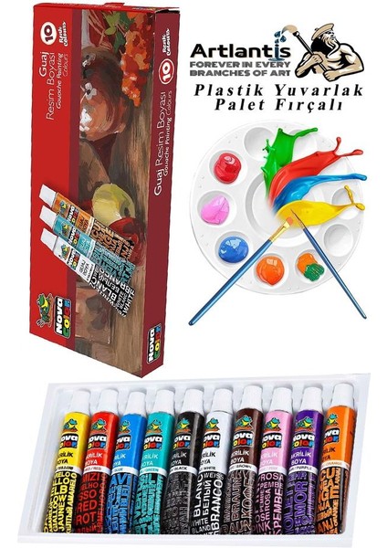 Guaj Boya 10 Renk Nova Color 9 ml Tüp 1 Paket 10 Lu Guaj Boya Seti ve Yuvarlak Resim Paleti Fırçalı 1 Paket 10 Hazneli Boya Paleti Sanatsal Boyalar Için Palet Guaj Boya