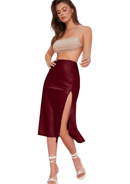 Bordo Midi Yırtmaç Detaylı Yüksek Bel Saten Etek