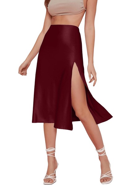Bordo Midi Yırtmaç Detaylı Yüksek Bel Saten Etek fiyatları