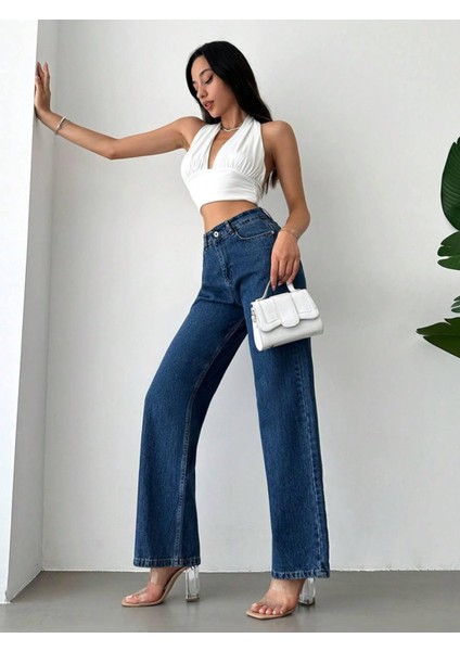 Likralı Boyfrıend Bol Paça Kot Pantolon
