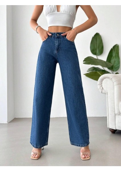 Likralı Boyfrıend Bol Paça Kot Pantolon