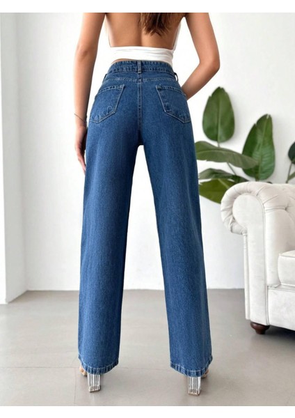 Likralı Boyfrıend Bol Paça Kot Pantolon