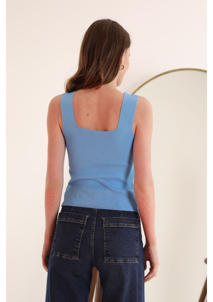 Triko Kumaş Kare Yaka Kadın Crop-Indigo