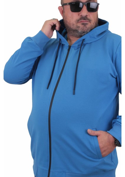 Büyük Beden Basic Mevsimlik Fermuarlı Kapüşonlu Sweat 22751 Saks