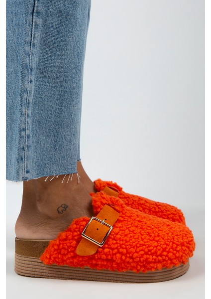 Juno Kadın Tekstil Kürklü Deri Kemerli Tokalı Turuncu Terlik fiyatları