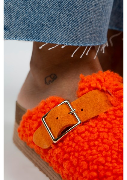 Juno Kadın Tekstil Kürklü Deri Kemerli Tokalı Turuncu Terlik modelleri
