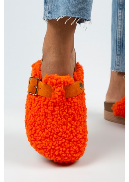 Juno Kadın Tekstil Kürklü Deri Kemerli Tokalı Turuncu Terlik indirimleri