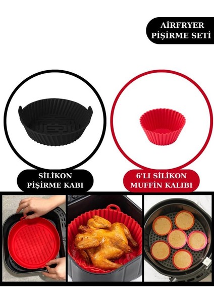 Onikiden Airfryer Silikon Pişirme Kabı ve 6’lı Kek Muffin Kalıbı Set- Tüm Hava Fritözleriyle Uyumlu