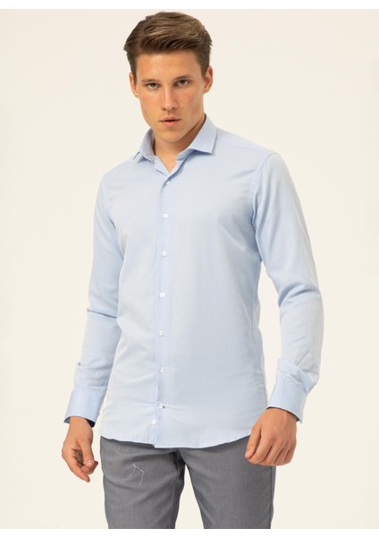 Slim Fit Klasik Yaka Armürlü Mavi Erkek Gömlek GM2024700367 fırsatları