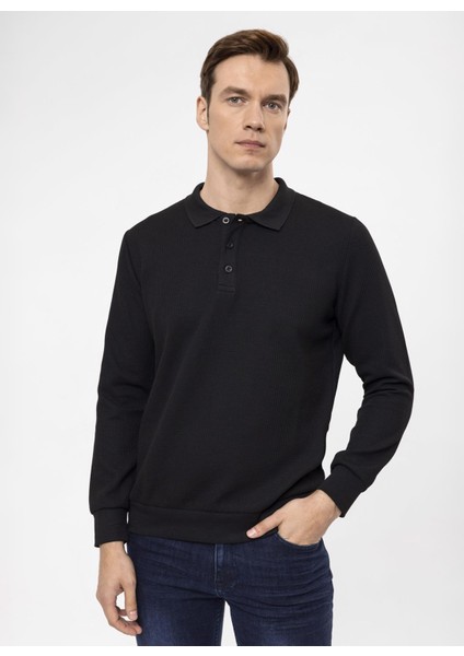 Polo Yaka Regular Fit Armürlü Siyah Erkek Kazak Tr2013700314