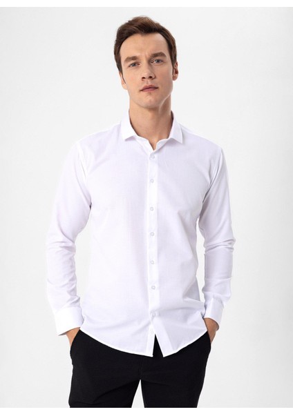 Slim Fit Klasik Yaka Armürlü Beyaz Erkek Gömlek GM2024700373