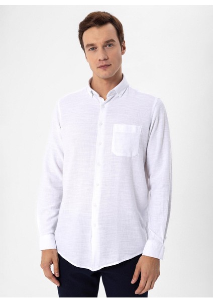 Regular Fit Düğmeli Yaka Düz Beyaz Erkek Gömlek GM1008300078