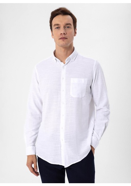 Regular Fit Düğmeli Yaka Düz Beyaz Erkek Gömlek GM1008300078
