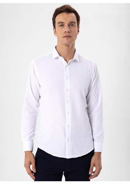 Slim Fit Klasik Yaka Armürlü Beyaz Erkek Gömlek GM2024700410