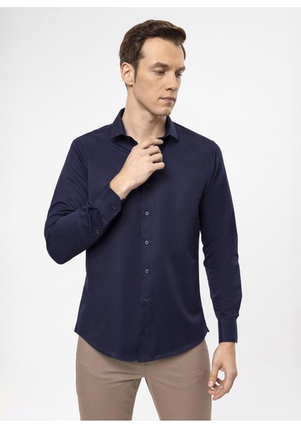 Slim Fit Klasik Yaka Armürlü Lacivert Erkek Gömlek GM2024700405 indirimleri