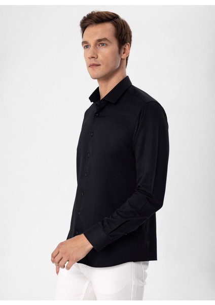 Slim Fit Klasik Yaka Armürlü Siyah Erkek Gömlek GM2024700410 fiyatları