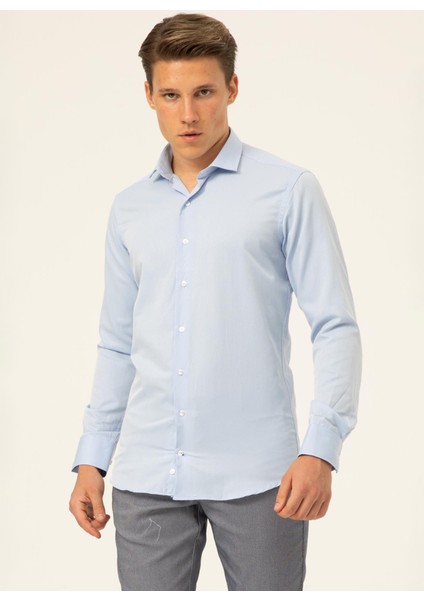 Slim Fit Klasik Yaka Armürlü Mavi Erkek Gömlek GM2024700418 fırsatları