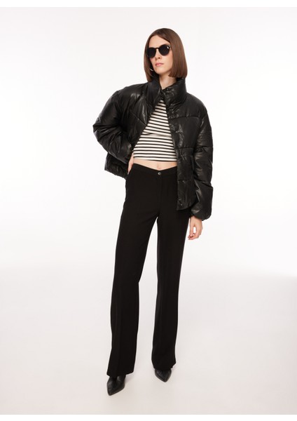 Siyah Kadın Mont Onlanja Faux Leather Oversıze Puffe