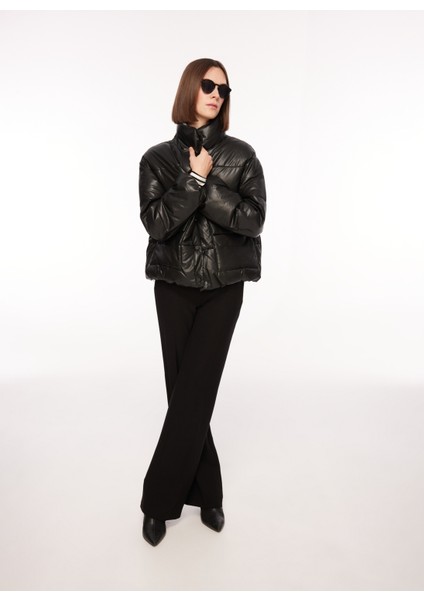 Siyah Kadın Mont Onlanja Faux Leather Oversıze Puffe