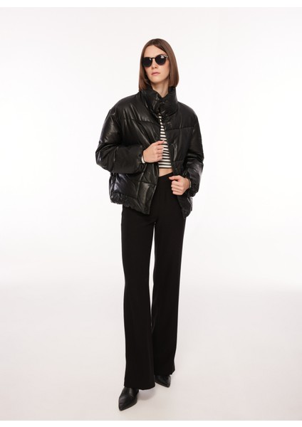 Siyah Kadın Mont Onlanja Faux Leather Oversıze Puffe
