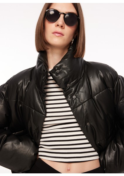 Siyah Kadın Mont Onlanja Faux Leather Oversıze Puffe
