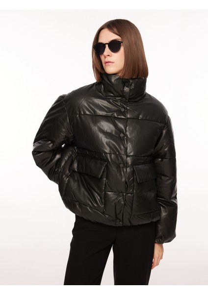 Siyah Kadın Mont Onlanja Faux Leather Oversıze Puffe