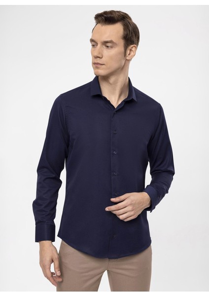 Slim Fit Klasik Yaka Armürlü Lacivert Erkek Gömlek GM2024700424 fiyatları