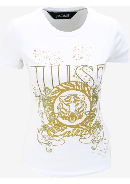 Just Cavalli Bisiklet Yaka Baskılı Beyaz Kadın T-Shirt 75PAHF03