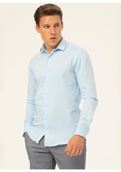 Slim Fit Klasik Yaka Armürlü Mavi - Buz Erkek Gömlek GM2024700431 fiyatları