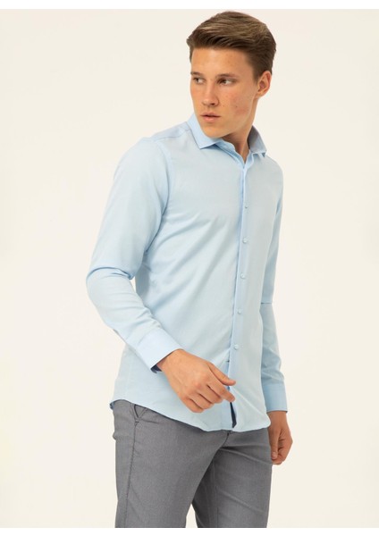 Slim Fit Klasik Yaka Armürlü Mavi - Buz Erkek Gömlek GM2024700431 fırsatları