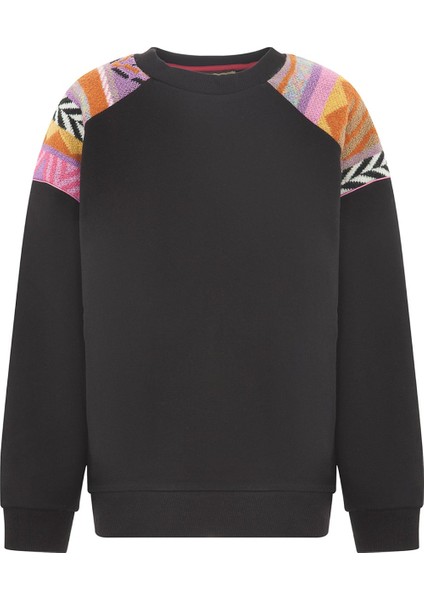 Bisiklet Yaka Desenli Siyah Kadın Sweatshırt MFKD03203