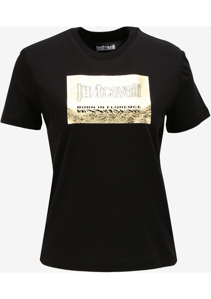 Bisiklet Yaka Baskılı Siyah Kadın T-Shirt 75PAHG06