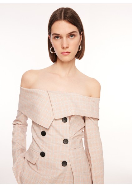 Kayık Yaka Ekose Bej Diz Üstü Kadın Elbise Glan Glan modelleri