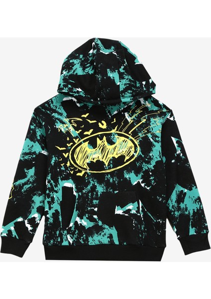 Erkek Çocuk Siyah - Yeşil Kapüşonlu Oversize Baskılı Batman Sweatshirt