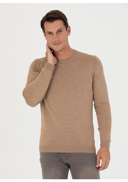 Bisiklet Yaka Slim Fit Düz Deve Tüyü Erkek Kazak Elo