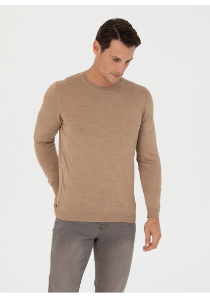 Bisiklet Yaka Slim Fit Düz Deve Tüyü Erkek Kazak Elo modelleri